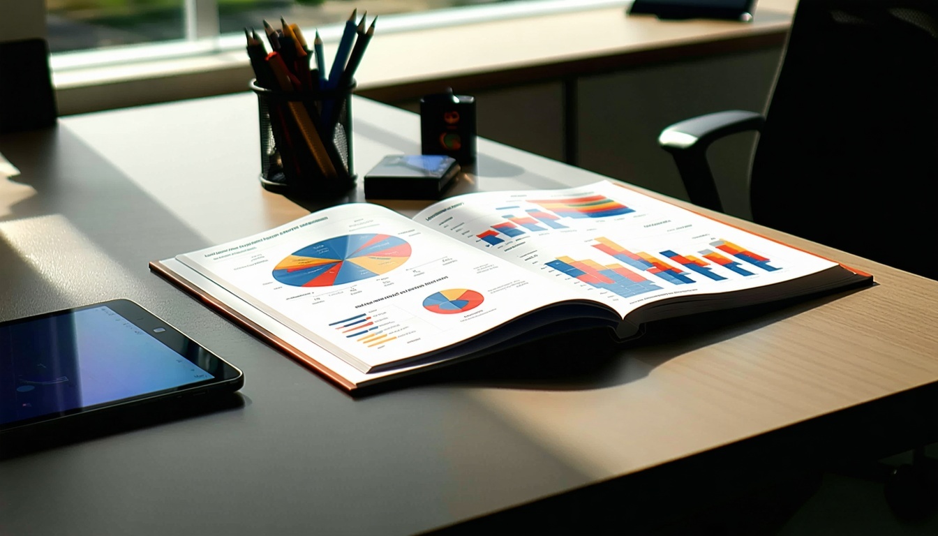 Det eleganta, moderna kontorsbordet har en slät, polerad yta som lyses upp av naturligt ljus som strömmar in genom ett närliggande fönster På skrivbordet ligger en inbunden marknadsföringsrapport framträdande på sitt professionella omslag med en livfull design och djärv typog-2