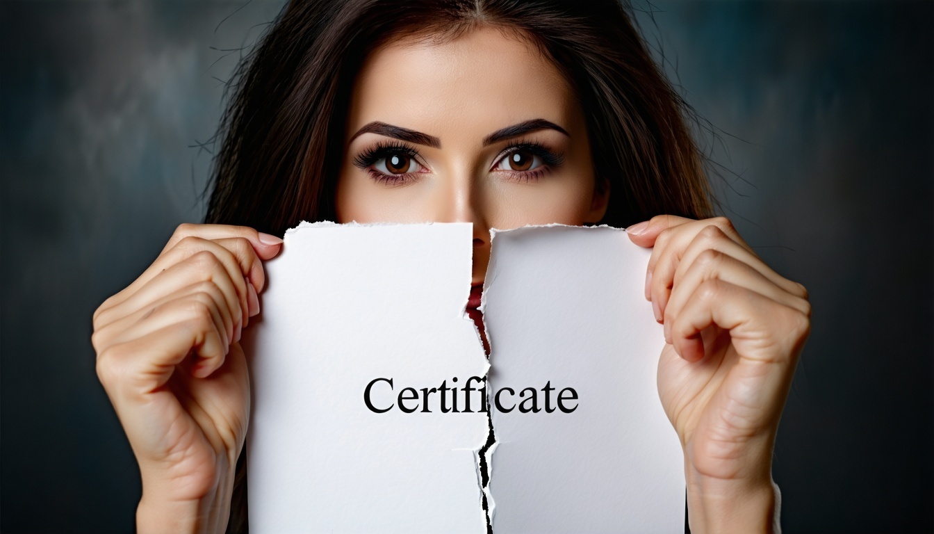 Kvinnans händer, känsliga men bestämda, greppar kanterna på ett skarpt, officiellt papper som pryds av ordet 