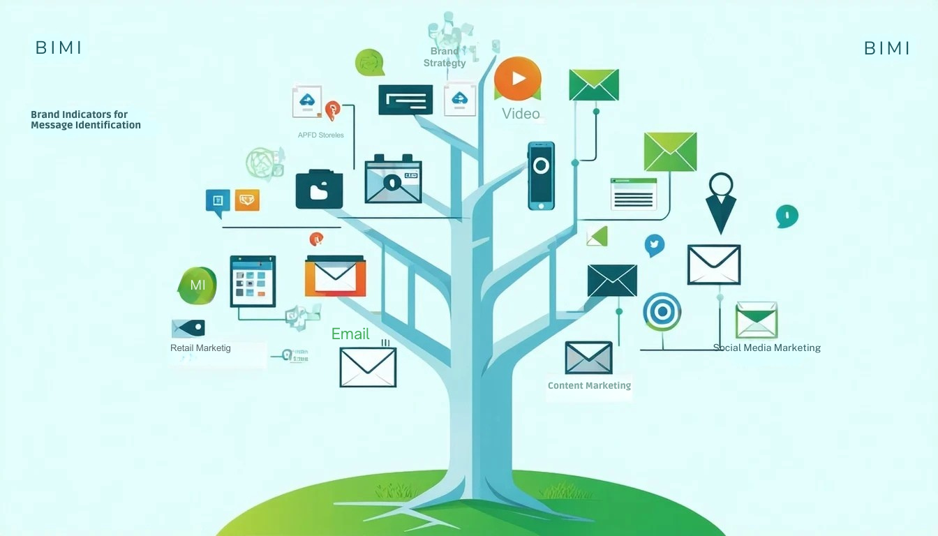 BIMI eller Brand Indicators for Message Identification fungerar som grundstammen i ett marknadsföringsstrategiträd som ger ett robust ramverk för varumärkesigenkänning och förtroende för digital kommunikation Från denna centrala pelare olika marknadsföringstaktik-